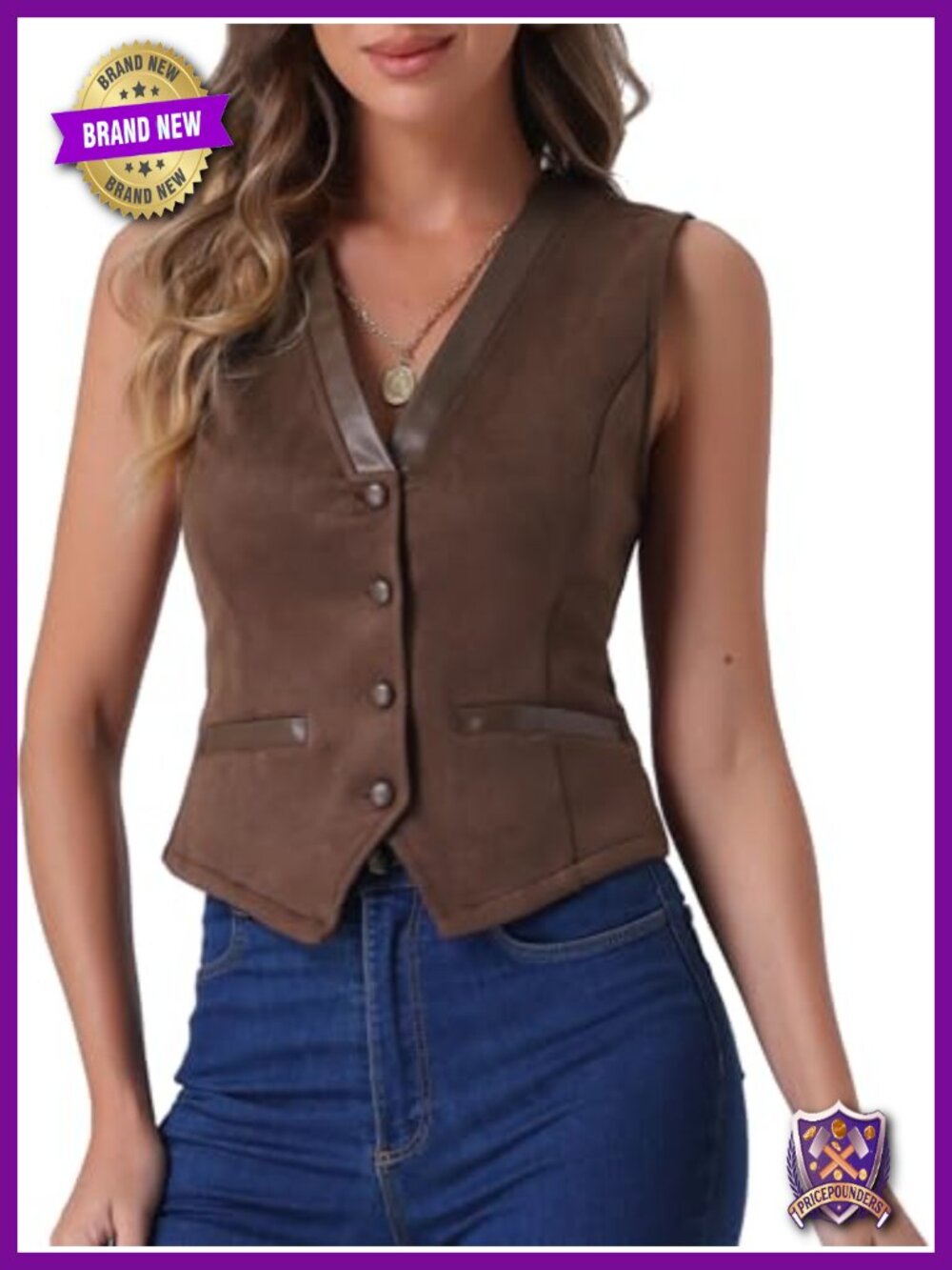 Faux Suede V Neck Button Down Sleeveless Vest